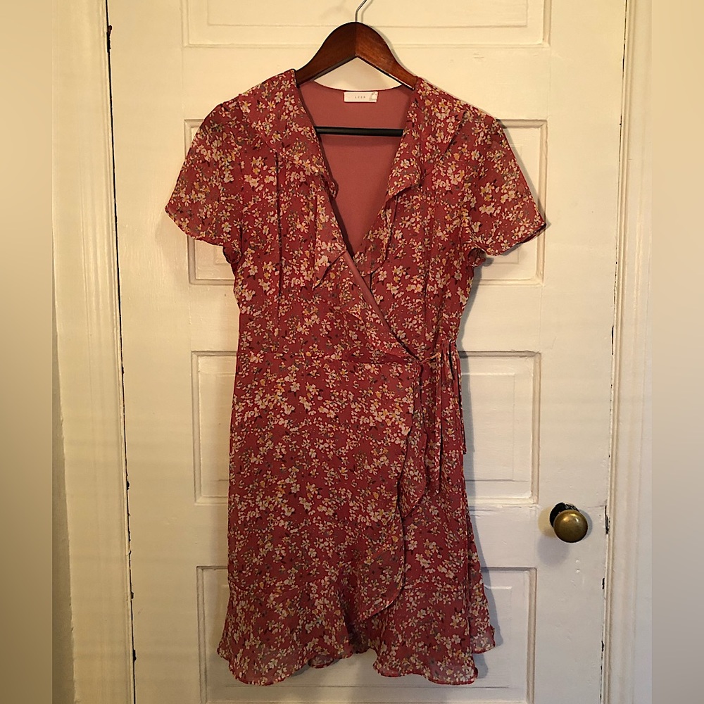Salmon pink floral Lush Wrap Dress. Size Medium.